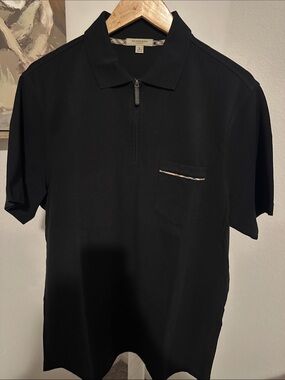 Burberry Black Short-Sleeve Zip Polo with Check-Trim Pocket